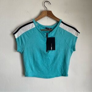 aqua blue cropped top with zipper detail
